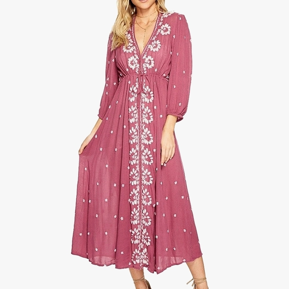NEW🌺 Free People Embroidered Floral Fable Midi Dress Pink Ivory XS - Picture 8 of 13